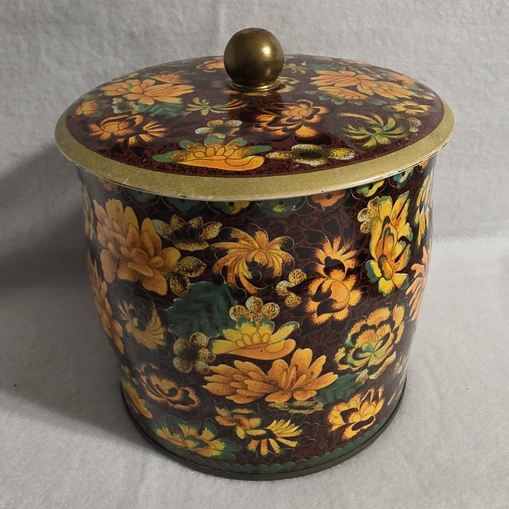 Daher Floral Round Tin Metal Storage Container w/ Lid, Made in England - Picture 1 of 5